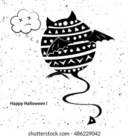 Sad pretty monster, gloomy smiley, greeting card Happy Halloween