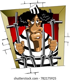 Sad prisoner looks through prison window, vector and illustratio