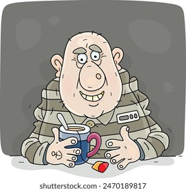 Sad prisoner in a striped uniform sitting at a table in a prison cell and drinking tea from his teacup, vector cartoon illustration