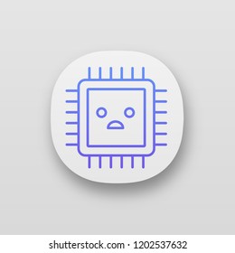 Sad processor app icon. Bad CPU. Microprocessor failure. Central processing unit problems. Integrated circuit. UI/UX interface. Web or mobile application. Vector isolated illustration
