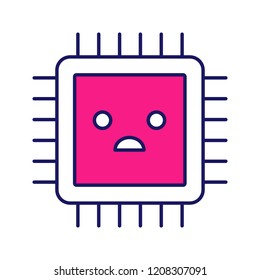 Sad processor color icon. Bad CPU. Microprocessor failure. Central processing unit problems. Computer, phone multi-core processor. Integrated circuit. Isolated vector illustration
