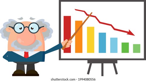 Sad Professor Or Scientist Cartoon Character With Pointer Presenting A Falling Chart. Vector Flat Design Illustration Isolated On Transparent Background