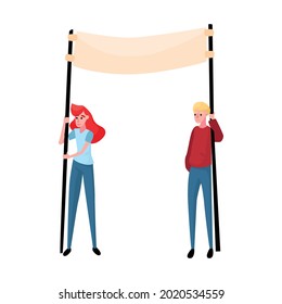 Sad protesting people holding blank banner on two sticks flat vector illustration