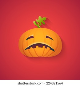 Sad Pumpkin -? Funny Halloween Carton Illustration with Long Shadow on Red Background