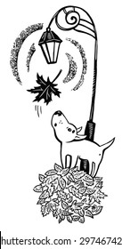 sad puppy looking at autumn leaf. beautiful lantern autumn. black-and-white picture
