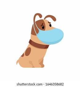 Sad Puppy With A Protective Mask On His Face. The Concept Of Protection Against Respiratory Diseases, Allergies. Coronavirus Protection. Vector Illustration On A White Background.