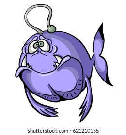 Sad purple fish isolated on white background. Funny cartoon image in simple gradients for printed materials and backgrounds.