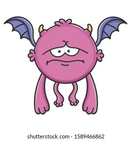 Sad purple flying cartoon bat monster isolated on white