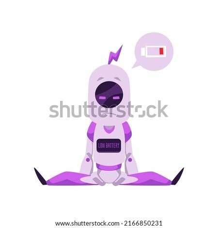 Sad purple mascot robot showing message low battery flat style, vector illustration isolated on white background. Tired sitting character needs to restore energy balance