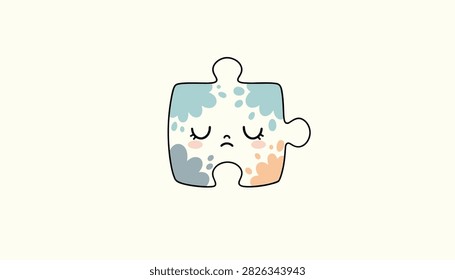 Sad puzzle piece character decorated with blue clouds and orange dots represents loneliness and mental health struggles.