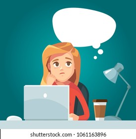 Sad puzzled confused girl woman freelancer working telecommuting with laptop siting at workplace teleworking. Telework mobile remote work working from home, WFH,flexible workplace. Vector illustration