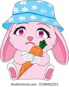 Sad rabbit with carrot sitting on floor vector, bunny character mascot