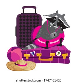 sad raccoon sitting on pink suitcases, there will be no vacation