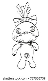 Sad rag doll with a bow on his head. Vector illustration.