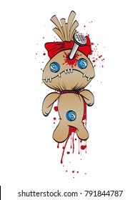 A sad rag doll with a bow on his head nailed to the wall. Blood Spots. Vector illustration.