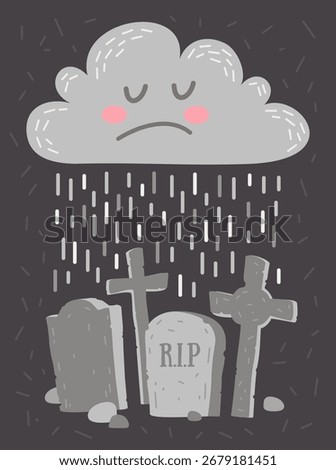 Sad Rain Cloud Over Gravestones Vector Illustration – A Gloomy Scene. Design for greeting card or poster.