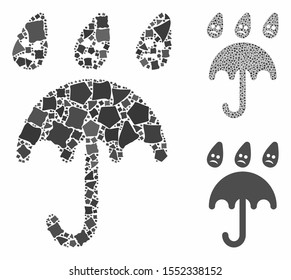 Sad rain umbrella composition of bumpy pieces in various sizes and color tinges, based on sad rain umbrella icon. Vector trembly pieces are united into composition.