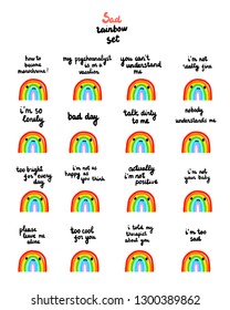 Sad rainbow set hand drawn illustrations with lettering