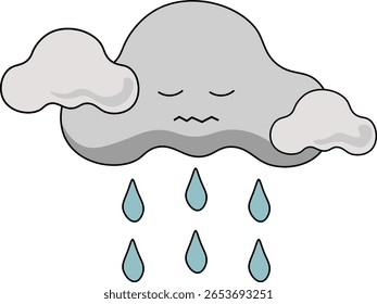 Sad rainy cloud vector illustration featuring a gray cloud with a sorrowful facial expression and blue raindrops falling underneath.