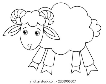 Sad ram, farm animal sheep - vector picture for coloring book. Outline. Sheep for children's coloring book.