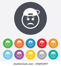 Sad rapper face sign icon. Sadness depression chat symbol. Round colourful 11 buttons. Vector