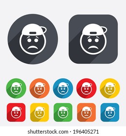 Sad rapper face sign icon. Sadness depression chat symbol. Circles and rounded squares 12 buttons. Vector