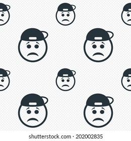 Sad rapper face sign icon. Sadness depression chat symbol. Seamless grid lines texture. Cells repeating pattern. White texture background. Vector