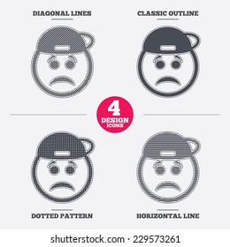 Sad rapper face sign icon. Sadness depression chat symbol. Diagonal and horizontal lines, classic outline, dotted texture. Pattern design icons.  Vector