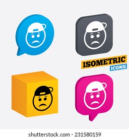 Sad rapper face sign icon. Sadness depression chat symbol. Isometric speech bubbles and cube. Rotated icons with edges. Vector