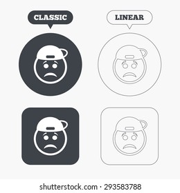 Sad rapper face sign icon. Sadness depression chat symbol. Classic and line web buttons. Circles and squares. Vector