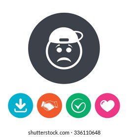 Sad rapper face sign icon. Sadness depression chat symbol. Download arrow, handshake, tick and heart. Flat circle buttons.