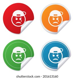 Sad rapper face with tear sign icon. Crying chat symbol. Round stickers. Circle labels with shadows. Curved corner. Vector