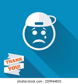 Sad rapper face with tear sign icon. Crying chat symbol. White flat icon with long shadow. Paper ribbon label with Thank you text. Vector