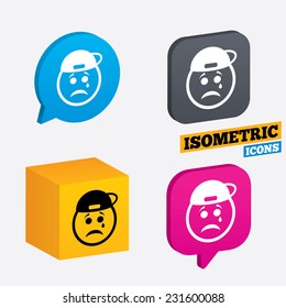 Sad rapper face with tear sign icon. Crying chat symbol. Isometric speech bubbles and cube. Rotated icons with edges. Vector