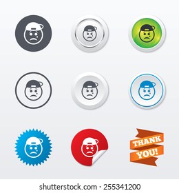 Sad rapper face with tear sign icon. Crying chat symbol. Circle concept buttons. Metal edging. Star and label sticker. Vector