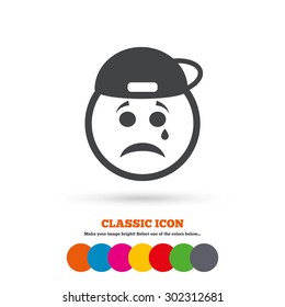 Sad rapper face with tear sign icon. Crying chat symbol. Classic flat icon. Colored circles. Vector