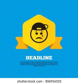 Sad rapper face with tear sign icon. Crying chat symbol. Yellow label tag. Circles seamless pattern on back. Vector
