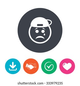Sad rapper face with tear sign icon. Crying chat symbol. Download arrow, handshake, tick and heart. Flat circle buttons.