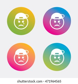 Sad rapper face with tear sign icon. Crying chat symbol. Gradient flat buttons with icon. Modern design. Vector