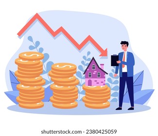 Sad real estate agent analyzing house prices. Flat vector illustration. Stack of coins, house, decrease arrow. Falling house prices concept