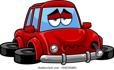 Sad Red Car Cartoon Character Crashed And Broken Vehicle. Vector Hand Drawn Illustration Isolated On Transparent Background