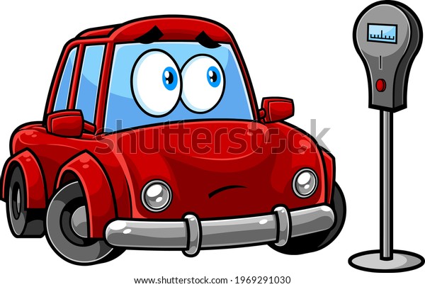 Sad Red\
Car Cartoon Character Looking Parking Meter. Vector Hand Drawn\
Illustration Isolated On Transparent\
Background