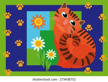 Sad red cat on a background of stylized flowers, the sun and paw prints.