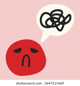 Rosto vermelho triste com emaranhado rabisco balão fala simbolizando ansiedade, oprimido emocional, ou luta mental. Ótimo para visuais de terapia, esgotamento e design de saúde emocional.