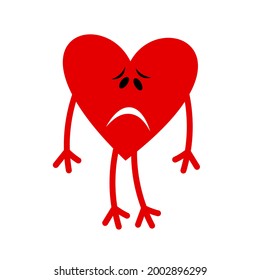 Sad red heart with arms and legs on a white background. Character. Vector color illustration. Icon.