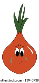 A sad red onion crying out for some reason vector color drawing or illustration
