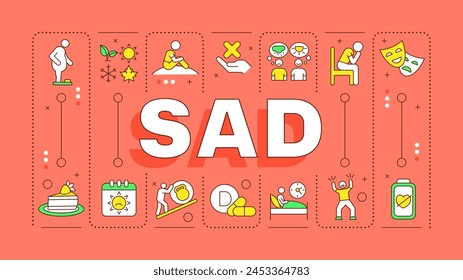 SAD red word concept. Affective disorder, low mood. Interest loss, concentrating issues. Typography banner. Vector illustration with title text, editable icons color. Hubot Sans font used