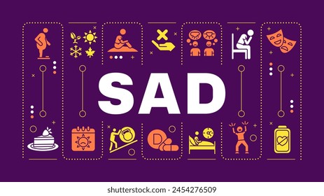 SAD red word concept. Affective disorder, low mood. Interest loss, concentrating issues. Visual communication. Vector art with lettering text, editable glyph icons. Hubot Sans font used
