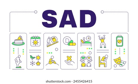 SAD red word concept isolated on white. Affective disorder, low mood. Interest loss, concentrating issues. Creative illustration banner surrounded by editable line colorful icons. Hubot Sans font used