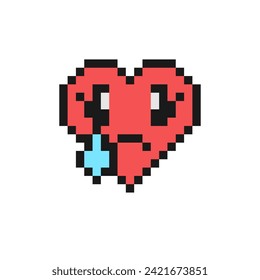 Sad but relieved face vector illustration. Pixel style emoji with tear, eyebrow sweat. Text message smile. Vintage 90s style heart shaped emoticon. Pixelated retro game 8 bit flat design with outline.